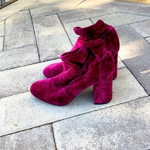 Maroon velvet winter holiday season sexy ankle boots - chunky heel